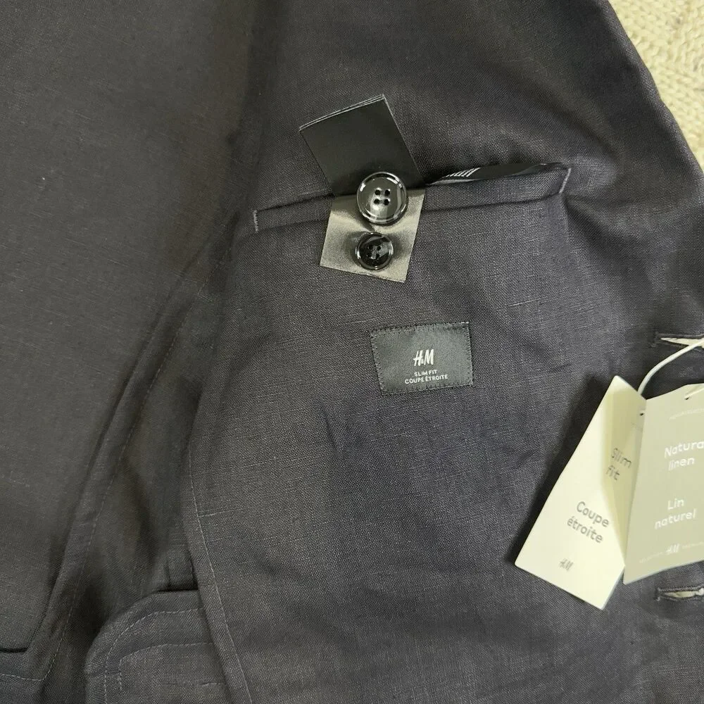 H&M Premium Slim Fit 100% Linen Blazer Jacket Dark Navy 44R EUR 54 NWT Preppy
